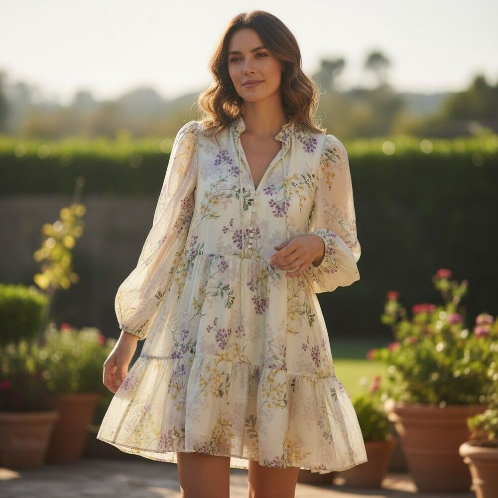 New Taylor Brand Medium Floral Dress Green Tiered Long Sleeve Sheer Romantic M